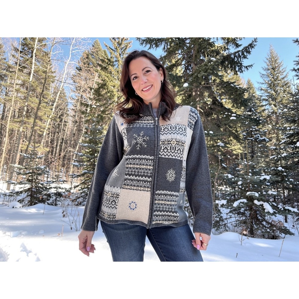 Classic Elements Women's Patchwork Snowflake Zip Up‎ Cardigan Sweater XL cottage
